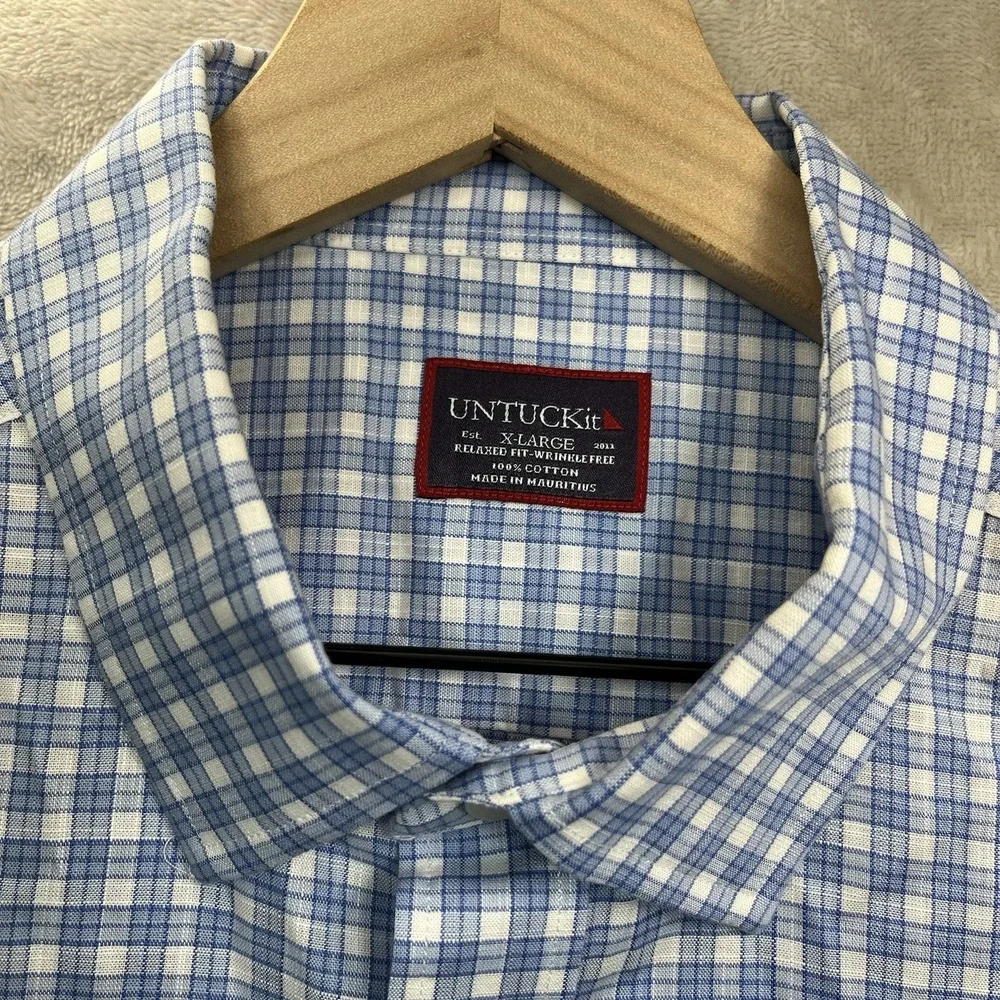UNTUCKit Mens XL Blue White Plaid Wrinkle Free Short Sleeve Button Down Shirt